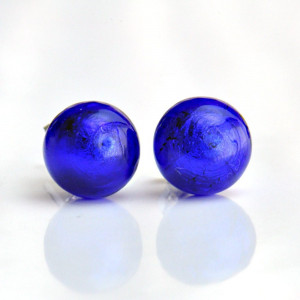 Cobalt blue murano earrings round button nail genuine murano glass of venice