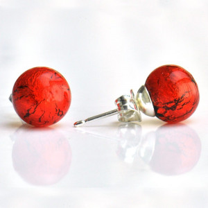 Boucles d'oreilles boutons rouge orange en veritable verre de murano de venise