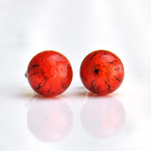 Boucles d'oreilles boutons rouge orange en veritable verre de murano de venise