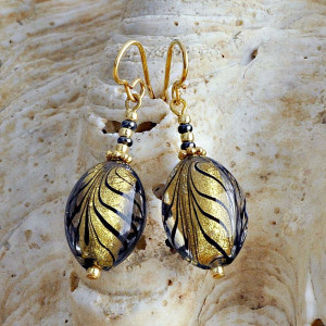 Aretes murano negro oro joya pendientes en verdadero cristal de murano de venecia