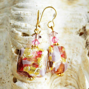 Boucles d'oreilles rose en veritable verre de murano de venise