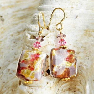  brincos de cristal murano boticelli quadrado rosa