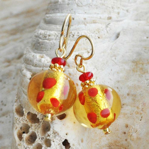 Pendientes cristal murano amarillo guisantes rojo mix pasta