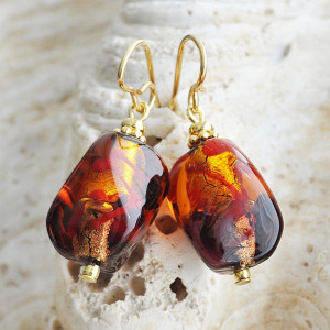  brincos de cristal murano vermelho e ouro ambar