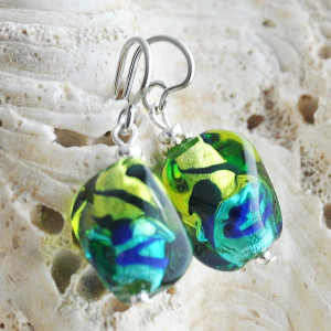 Boucles d'oreilles en verre de murano vert et bleu