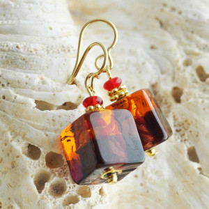 Red and amber murano glass earrings sasso bicolor