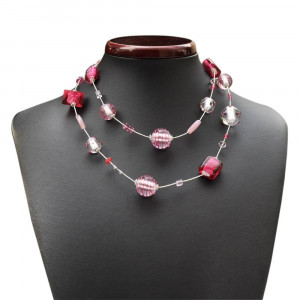 Glass necklace murano glass pink and silver long necklace, murano glass of venice