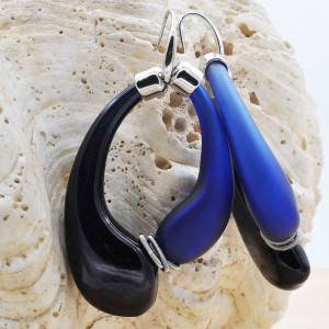 Mio black and blue earrings creoles genuine murano glass of venice