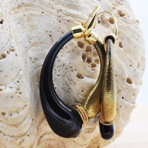 Mio black and old gold earrings creoles genuine murano glass of venice