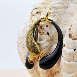 Mio black and old gold earrings creoles genuine murano glass of venice