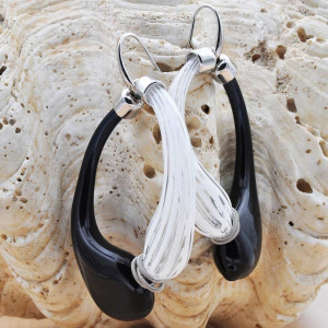 Mio black and white stripes earrings creoles genuine murano glass of venice