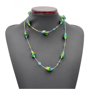 Collier vert long en verre de murano vert et bleu 