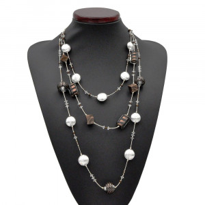 Long necklace long silver three-strand necklace of murano glass bariole brown