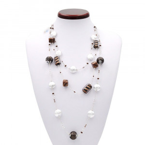 Collier argent long 3 rangs collier en verre de murano bariole marron