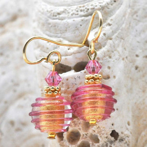 Brincos de cristal murano mini rosa e ouro de veneza