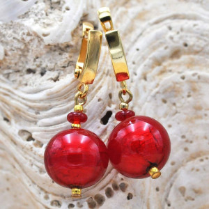 Red ball earrings genuine venice murano glass