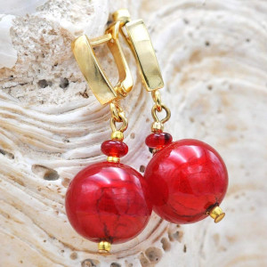 Red ball earrings genuine venice murano glass