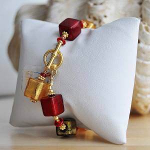 Bracelet verre venise rouge et or 