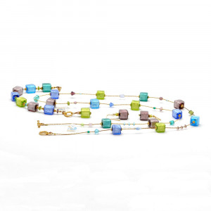 Sieraden set ketting lange blauwe goud en groene originele murano glas