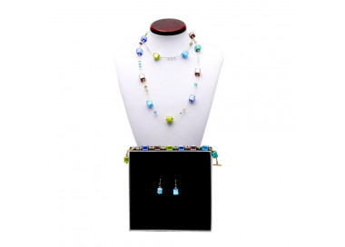 Parure de bijoux collier long bleu or et vert veritable verre de murano