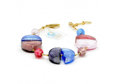 Pulseira azul y ouro - pulseira azul de cristal murano rosa e azul