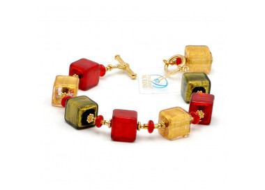 Pulsera rojo y oro de verdadero cristal de murano de venecia