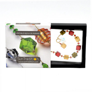 Cubes degrades rouge et or - bracelet en veritable verre de murano de venise