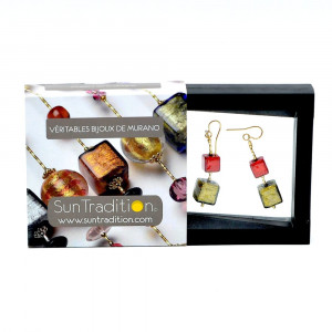 Cubes degrades rouge et vert boucles d'oreilles bijoux en veritable verre de murano de venise