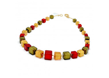 Colar ouro e vermelho - colar de cristal murano quadrado ouro e vermelho