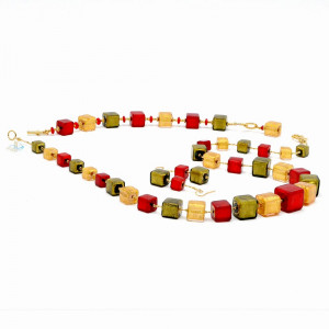 Conjunto de joyas rojo y oro de verdadero cristal de murano de venecia