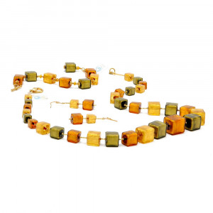 Green and gold glass cubes jewellery set in real murano glass