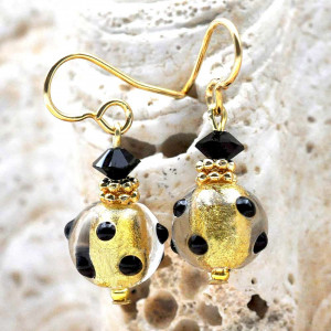 Black and gold earrings genuine murano glass venice