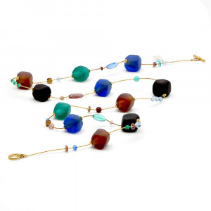 Collana lunga di grandi perle marrone, blu e verde gioiello, originale in vetro di murano di venezia