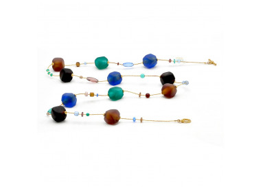 Long brown and blue gold murano glass necklace