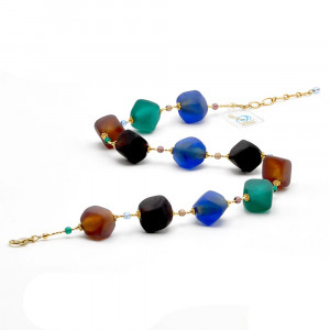 Collana marrone, blu, oro, gioiello, originale in vetro di murano di venezia