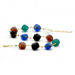 Green and blue gold necklace  genuine glass satin from murano in venice