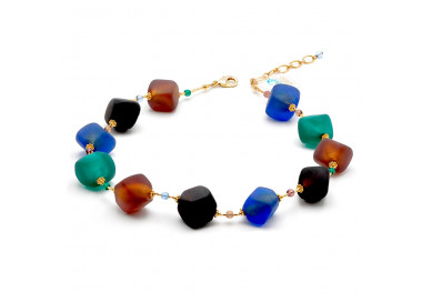 Collana blu, marrone, oro raso con gioiello, originale in vetro di murano di venezia