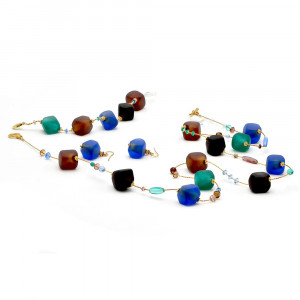 Conjunto de joyas collar largo  satén azul de cristal de murano venecia