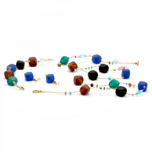 Sieraden set lange ketting, lang blauw en goud originele murano glas