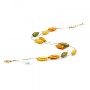 Collier ambre et or fantaisie - collier en verre de murano ambre et or