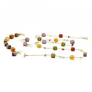 Parure de bijoux collier long ambre or et parme veritable verre de murano