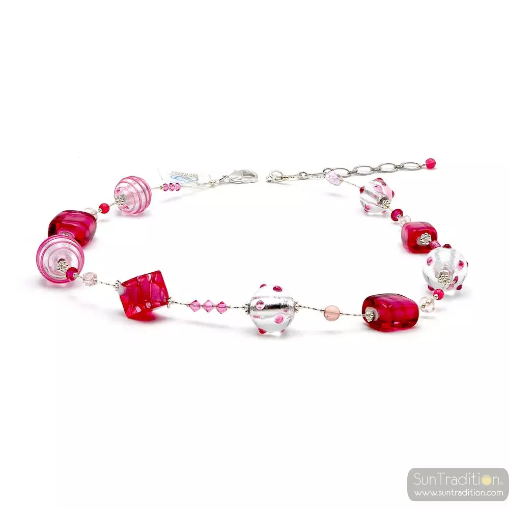 Jojo roze en zilveren - ketting roze originele murano glas