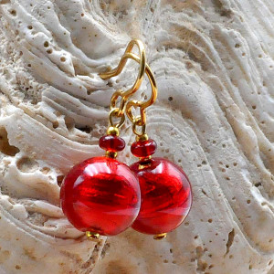 Red ball earrings genuine venice murano glass