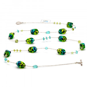 Long necklace, green long murano glass green and blue