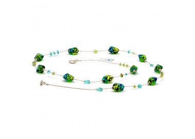 Collana lunga, verde lunga in vetro di murano verde e blu