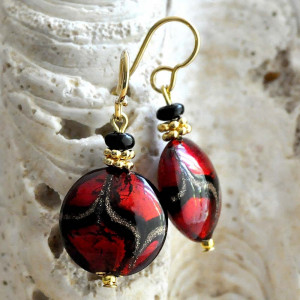 Red earrings genuine venice murano glass