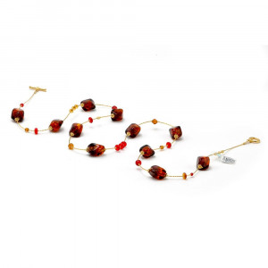 Collier long en verre de murano ambre et rouge