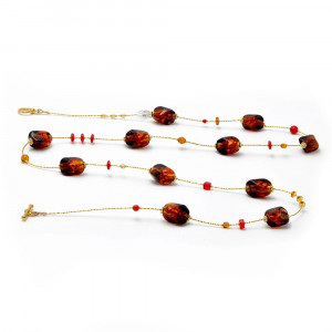 Collana lunga in vetro di murano ambra e rosso