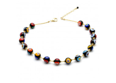 Collana in oro murrina nero perline millefiori in vero vetro di murano