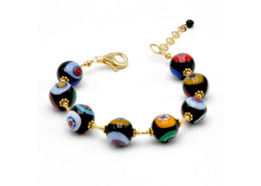 Bracciale in oro murrina nero perline millefiori in vero vetro di murano